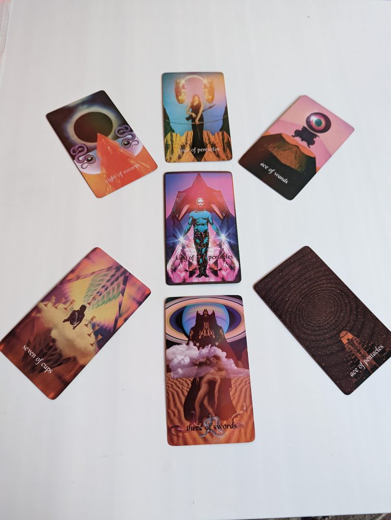 "Ten tarot cards arranged on a white background, each featuring intricate, colorful artwork and symbols, creating a visually captivating display of mysticism and divination."