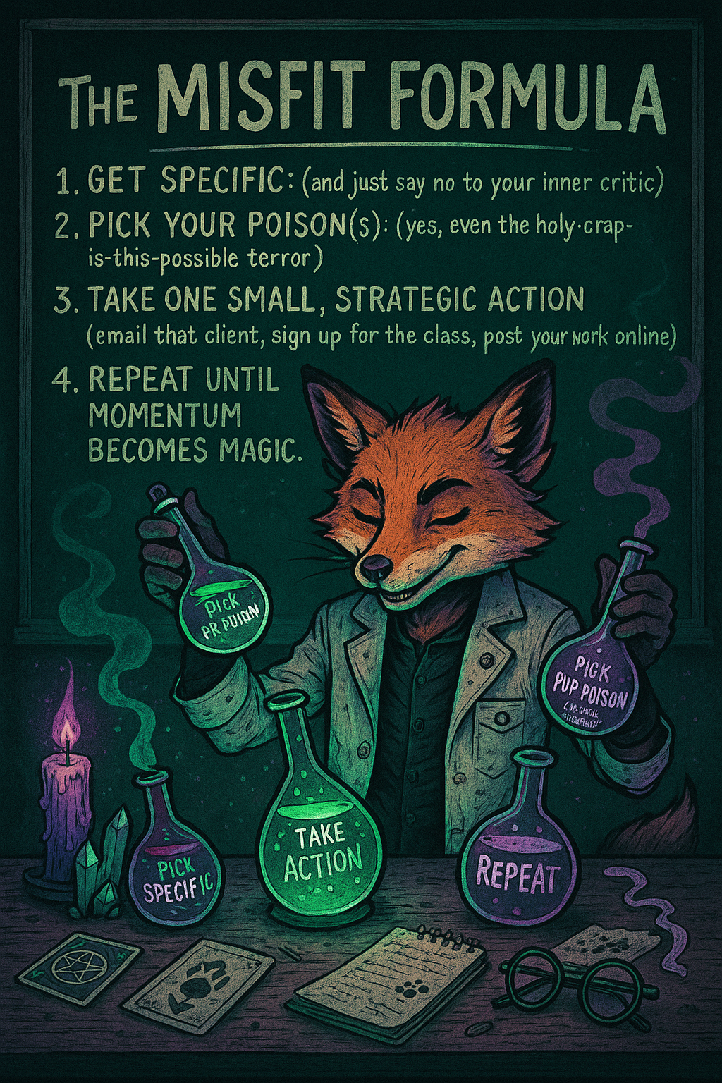 Anthropomorphic fox in a punk-style lab coat mixing glowing potions labeled with manifestation steps—Get Specific, Pick Your Poison, Take Action, Repeat—inside a moody, mystical laboratory filled with magical tools, tarot cards, and glowing chalkboard text.